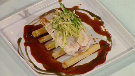 Sole Diamond Jubilee - two sole fillets glued around a slice of ham, topped with fennel and apple slaw, fennel pollen and caviar oil.