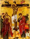 Icon depicting Jesus hanging on the cross, being watch by his mother and other figures