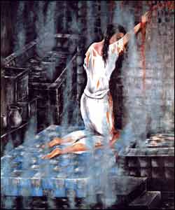 یکی از آثارنقاشی لیلا تیموری که رابعه بلخی شاعر را درواپسین لحظات زندگی اش پس از گشودن رگ اش در یک حمام ، نشان میدهد.