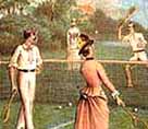 Colour image showing two couples playing tennis in Victorian dress