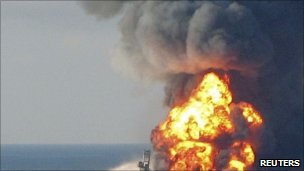 Fire boat response crews battle the blazing remnants of the offshore oil rig Deepwater Horizon 21 April 2010