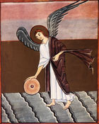 An angel picking up a millstone, ready to throw it into the sea