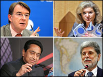 Peter Mandelson, Susan Schwab, Kamal Nath e Celso Amorim. Foto: ERIC PIERMONT/AFP/Getty Images