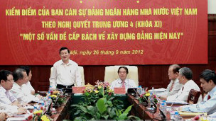 Chủ tịch nước Trương Tấn Sang tại buổi tự kiểm điểm của Ngân hàng Nhà nước Việt Nam. Ảnh: TTXVN