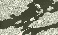 Wood Cut illustration of a boat and waves from Lucian's True Histories