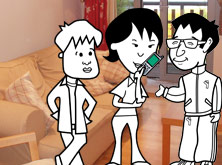 Tim, Helen on the phone and Khalid in the sitting room