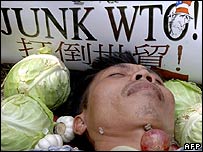 يکی از معترضان در ميان جعبه های سبزيجات