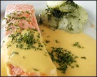 Poached Salmon, Hollandaise sauce and Pickled cucumber.