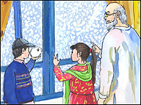 حکیم بابا با سردار و دیوه به گفته های برف گوش می دهند.