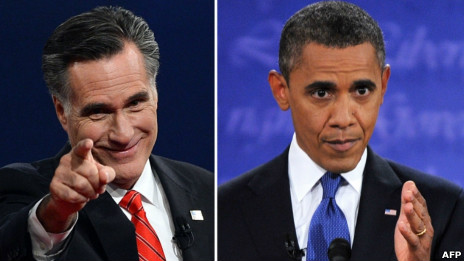 美国现任总统奥巴马与共和党总统候选人罗姆尼(03/10/2012)