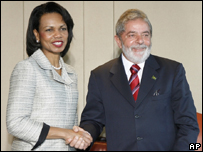 A secretária de Estado americana, Condoleezza Rice, e o presidente Luiz Inácio Lula da Silva, em encontro em Brasília