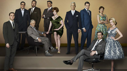 Lionsgate. L-R standing: Aaron Staton as Ken Cosgrove, Rich Sommer as Harry Crane, Michael Gladis as Paul Kinsey, Bryan Batt as Salvatore Romano, John Slattery as Roger Sterling, Vincent Kartheiser as Pete Campbell, Elisabeth Moss as Peggy Olson, January Jones as Betty Draper. L-R sitting: Robert Morse as Bertram Cooper, Christina Hendricks as Joan Holloway, Jon Hamm as Don Draper