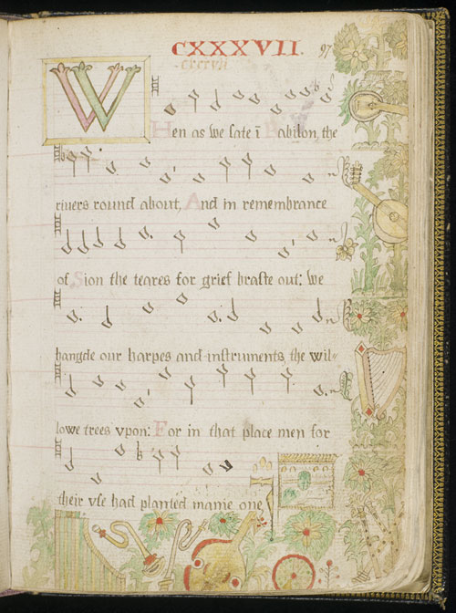 page from Wode Partbook with drawings of musical instruments and plants in the margin (C) Edinburgh Uni Library