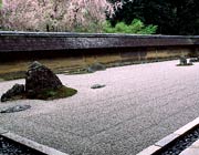 Carefully-arranged Japenese garden of pebbles and large rocks
