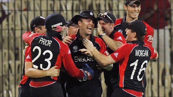 England celebrate victory over West Indies