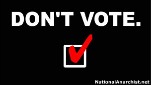 تبلیغی از جنبش آنارشیست های آمریکا که دعوت به رای ندادن می کند