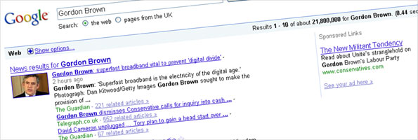 Screengrab of Gordon Brown search in Google
