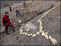 دکتر هوروم (جلو) در کنار محل دفن فسيل هيولا