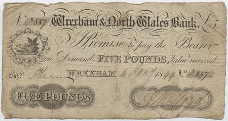 Banknote of the Wrexham & North Wales Bank, 1844, courtesy Denbighshire Record Office