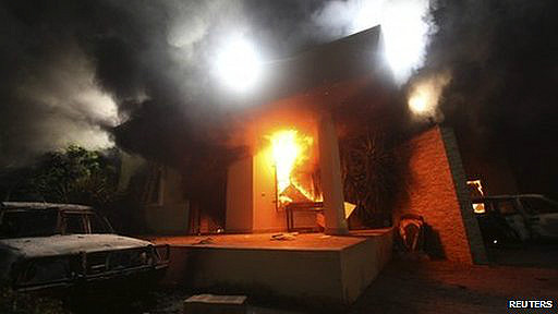 تصویر منتشر شده از ساختمان آتش گرفته شده کنسولگری آمریکا در بنغازی