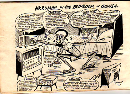A cartoon of Nkrumah trying to keep track of the new from his exile in Guinea