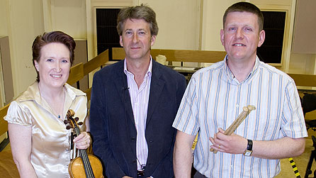 (L-R) Fran Pye, first violinist, Peter Salmon, BBC Director North, and Paul Turner, principal timpanist