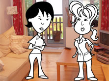 Helen and Alice in the living room