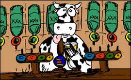 Greedy Cow behind the bar!