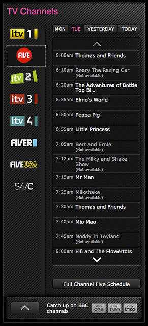 BBC iPlayer scheduling widget showing ITV programmes