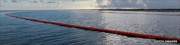 A containment boom near the shoreline of the Gulf coast