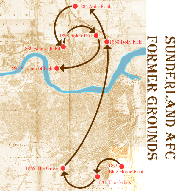 Map of former grounds of Sunderland AFC