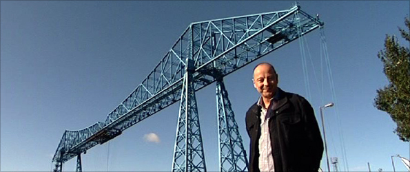 Chris Jackson in front of Transporter Bridge on Teesside