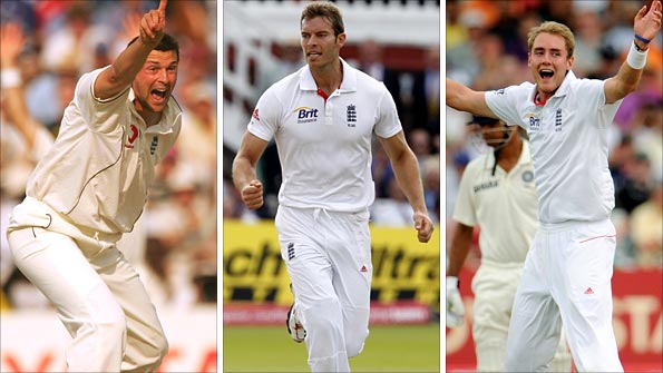 Steve Harmison, Chris Tremlett and Stuart Broad all bowling for England.