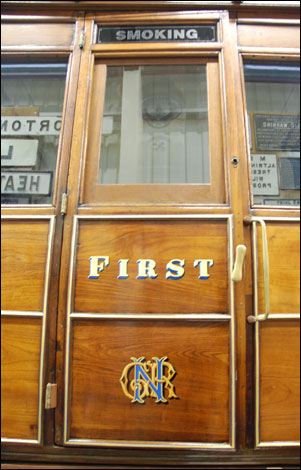 wooden first class door @ Museum of Rail Travel