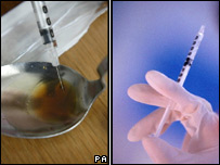 LEFT: Syringe, bag of heroin and heroin on a spoon being prepared for injection, to be injected 27/02/2004 Press Association; RIGHT: Close-up of gloved hand holding syringe<br />
01/01/2000 1998 EyeWire, Inc.