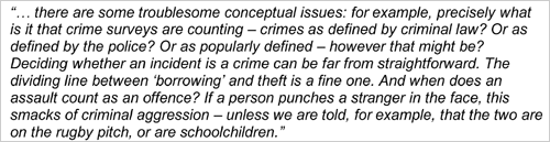 there are some troublesome conceptual issues: for example, precisely what is it that crime surveys are counting - crimes as defined by criminal law? Or as defined by the police? Or as popularly defined - however that might be? Deciding whether an incident is a crime can be far from straightforward. The dividing line between 'borrowing' and theft is a fine one. And when does an assault count as an offence? If a person punches a stranger in the face, this smacks of criminal aggression - unless we are told, for example, that the two are on the rugby pitch, or are schoolchildren.