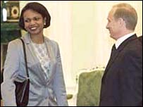 کونڈولیزا رائس اور روس کے صدر ولادیمیر پوتن