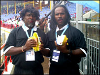 Drs Secret and Obvious dressed as soccer referees