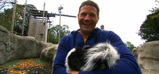 Steve Backshall holding a skunk