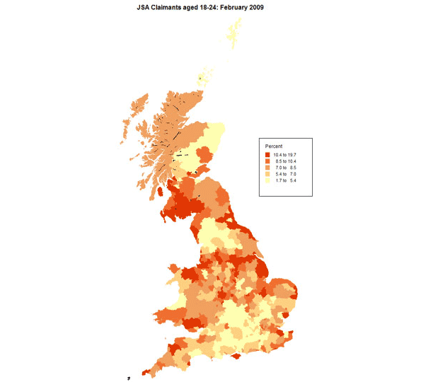 ONS map of JSA claimants in UK