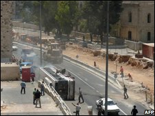 The scene on Jaffa Road after the bulldozer knocked down a bus