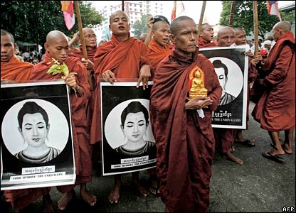 Monks march in Rangoon.