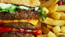 A hamburger and chips