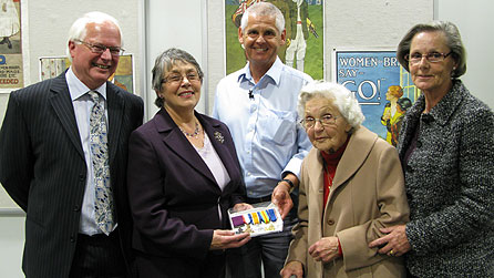 L-R: The grandchildren of VC recipient Frederick Potts (Bob Binham and Anne Ames) and Arthur Andrews (Chris Andrews and Penny Pountney) together with Arthur's daughter-in-law Norah (fourth from left) meet for the first time at London's Imperial War Museum
