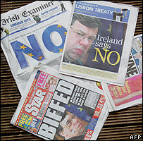 Irish newspaper front pages after referendum, 14 Jun 08
