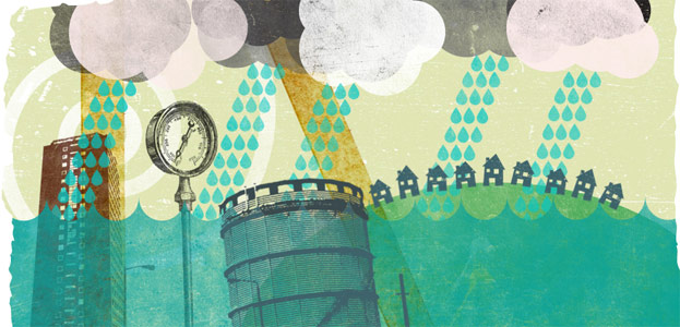 Illustration showing rain, water towers and houses