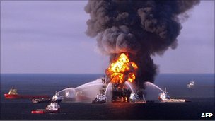 Deepwater Horizon ablaze in the Gulf of Mexico. 21 April 2010