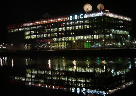 Pacific Quay at night.