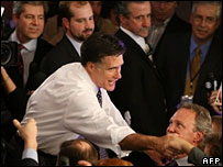 Justin Webb (far left) on the stage with Mitt Romney