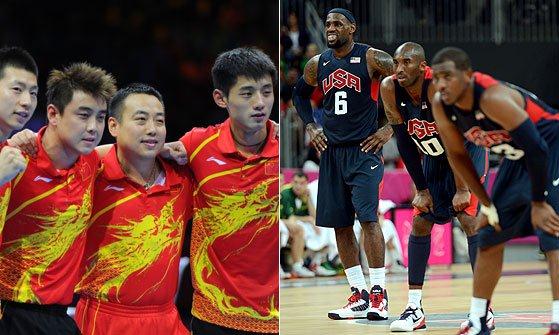 China Table Tennis men's team (left) and members of the USA basketball team (right)